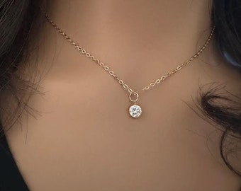 CZ Solitaire Necklace: Brilliant Cut, AAA Cubic Zirconia, 14k Gold Filled, Simulated Diamond