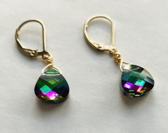Rainbow Crystal Earrings:  Swarovski Electra Crystal, Green/Purple/Fuchsia, 14k Gold Filled, Dainty