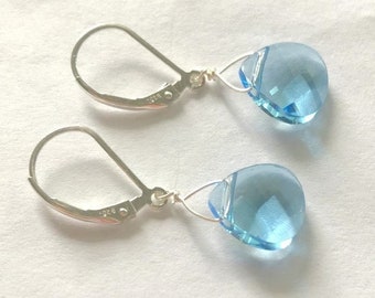 Aquamarine Austrian Crystal Teardrop Earrings, Icy Blue Briolette Pear, Wire Wrapped,  Sterling Silver Lever Back Ear Wires,  Small Dainty