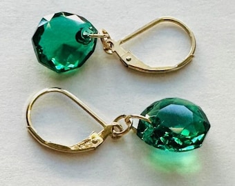 Majestic Green Crystal Earrings: Gold Filled, Lever Backs, Rounded Teardrop, Emerald Green, 11.5mm