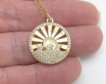 Gold Filled Sun Rays Pendant Necklace: Pavé CZ, Ocean Waves, Sunburst, Sunbeam