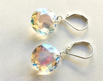 Crystal Shimmer AB Classic Cut Austrian Crystal Drop Earrings, Soft Yellows Pinks & Blues, Sterling Silver Leverback Ear Wires