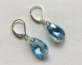 Aqua Shimmer Austrian Pear Shape Crystal Earrings, Sterling Silver Lever Back Ear Wires, Soft Iridescent Aqua Blue Hues, Aquamarine Crystal