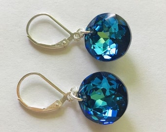 Bermuda Blue Classic Cut Austrian Crystal Earrings, Sterling Silver Leverback Earrings, Crystal Drop Earrings, Blue Turquoise Hues