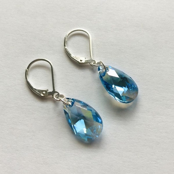 Aqua Shimmer Austrian Pear Shape Crystal Earrings, Sterling Silver Lever Back Ear Wires, Soft Iridescent Aqua Blue Hues, Aquamarine Crystal