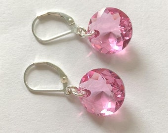 Rose Pink Crystal Earrings: Sterling Silver, Lever Backs, Pink Tourmaline Hue, Round Crystal Drop