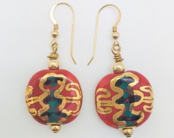Kazuri Ceramic Bead Earrings, Red Gold Purple & Teal, 14k Gold Filled Ear Wires, African Handmade Beads, Statement Earrings