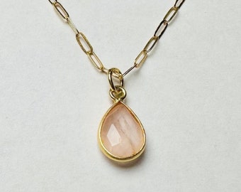 Rose Quartz Teardrop Pendant Necklace: Delicate Gold Filled Paperclip Chain, Adjustable Length, Dainty