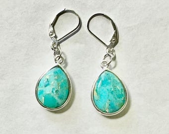 Arizona Turquoise Teardrop Earrings: Sterling Silver, Bezel Set, Lever Backs