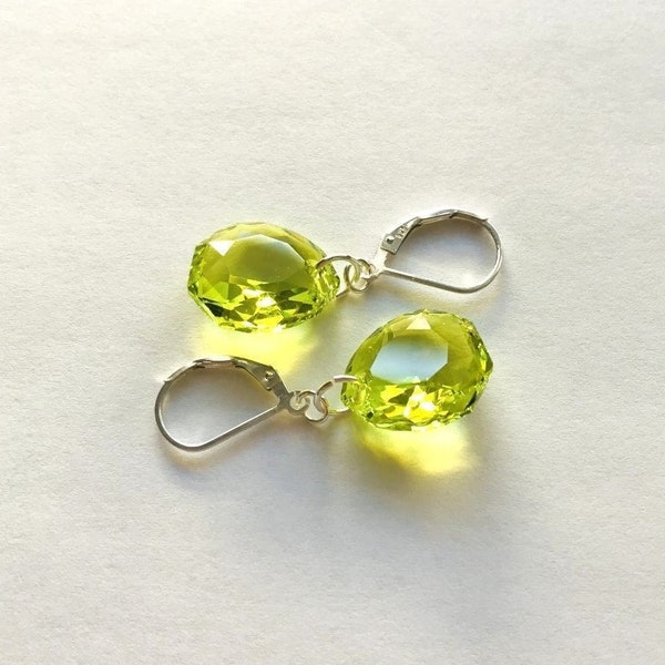 Citrus Green Majestic Cut Austrian Crystal Earrings, Rounded Teardrop, Luminous Lime Neon, Sterling Silver Lever Back Ear Wires