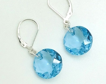 Aquamarine Classic Cut Austrian Crystal Drop Earrings, Sterling Silver Lever Back Ear Wires,  Light Sapphire Blue,  Brilliant Icy Blue