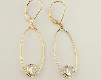 Gold Filled CZ Oval Hoop Earrings: Lever Backs, Bezel Set Cubic Zirconia, Large Hoops