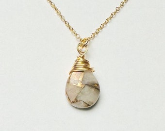 White Calcite Copper Necklace: 14k Gold Filled, Wire Wrapped, Teardrop Pendant