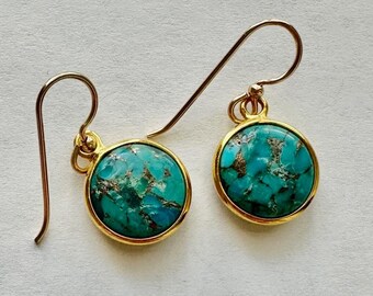 Blue Copper Turquoise Earrings: Small Round Bezel Set, Gold Filled Ear Wires, Minimalist