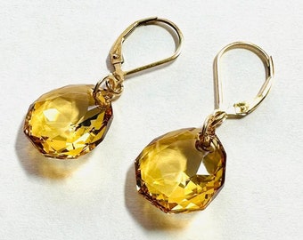 Golden Topaz Crystal Earrings: Rounded Teardrop, Austrian, Gold Filled, Deep Golden Hue