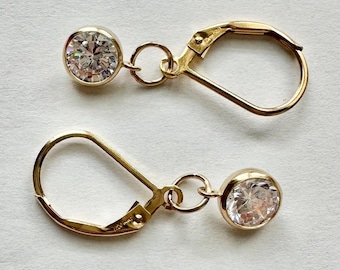 14k Gold Filled CZ Drop Earrings:  Lever Backs, Delicate, Bezel Set, Dainty
