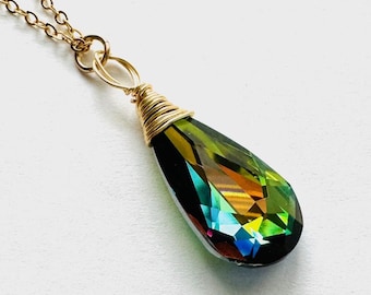 Rainbow Crystal Pendant Necklace: Swarovski Vitrail Medium Teardrop, Gold Filled, Adjustable Length