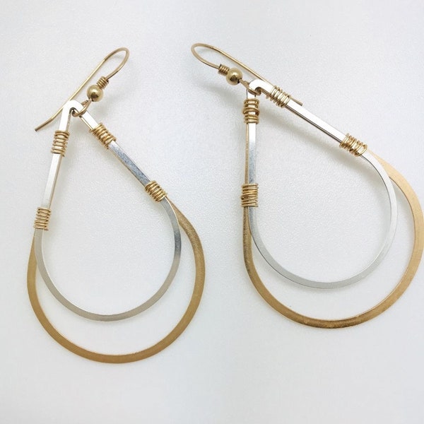 Gold & Silver Hoop Earrings, Teardrop Earrings, Mixed Metal, 14k Gold Filled, Sterling Silver, Large Hoops, Wire Wrapped, Gift For Her