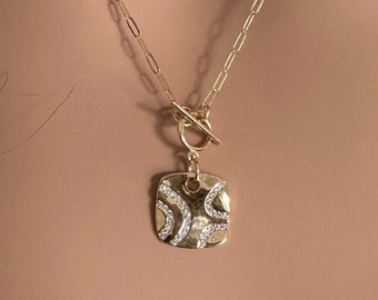 Gold Filled Toggle Clasp Necklace: Inlaid CZ Charm, Toggle Pendant, Delicate Paperclip Chain