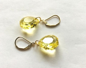 Jonquil Yellow Majestic Cut Austrian Crystal Earrings, Rounded Teardrop, Light Lemon Yellow, 14k Gold Filled Lever Back Ear Wires