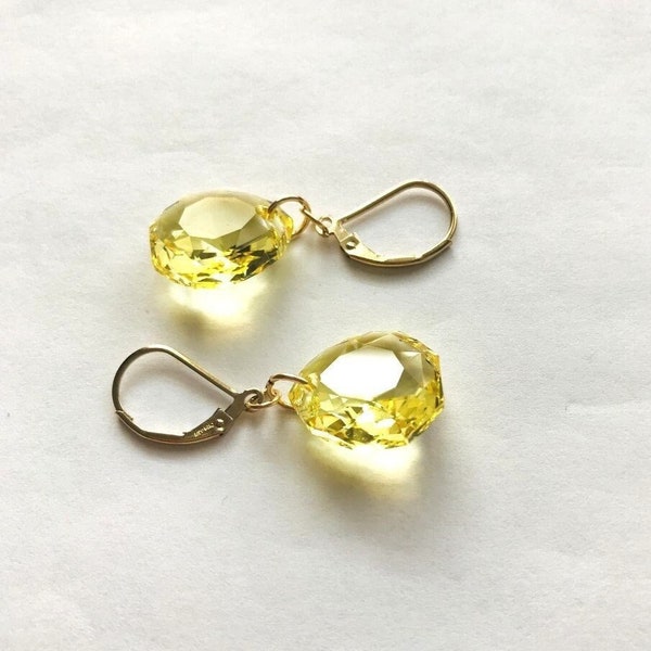 Jonquil Yellow Majestic Cut Austrian Crystal Earrings, Rounded Teardrop, Light Lemon Yellow, 14k Gold Filled Lever Back Ear Wires