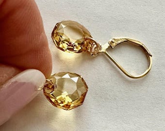 Golden Topaz Crystal Earrings: 14k Gold Filled, Lever Backs, Rounded Teardrop, Warm Golden Hue
