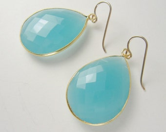 Large Faceted Aqua Chalcedony Teardrop Earrings , 24k Gold Vermeil Bezel Set, 14k Gold Filled Ear Wires, Aqua Gemstone Statement Earrings