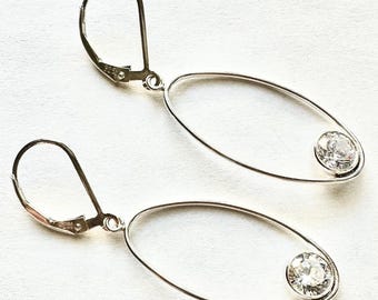 Sterling Silver CZ Oval Hoop Earrings: Minimalist, Lever Backs, Cubic Zirconia Hoops