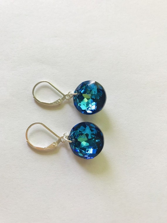 Bermuda Blue Crystal Drop Earrings: Sterling Silver Lever Backs, Round Faceted Blue/Turquoise