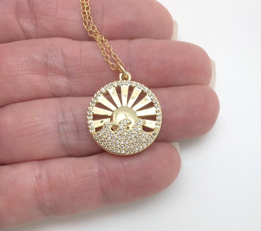 Gold Filled Sun Rays Pendant Necklace: Pavé CZ, Ocean Waves, Sunburst ...