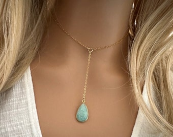 Amazonite Gold Filled Y Necklace: Bezel Set, Adjustable Length, Teardrop Pendant