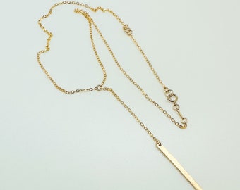 Long 14k Gold Filled Skinny Hammered Bar Y Necklace, 1.5" or 2.0" Vertical Bar, Adjustable Length Necklace, Minimalist Necklace