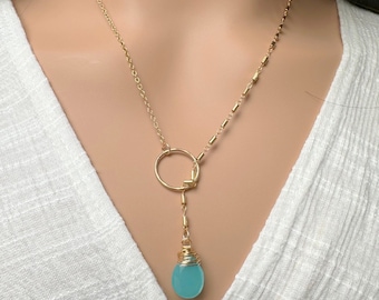 Aqua Chalcedony Lariat Necklace: 14k Gold Filled, Teardrop Pendant, Adjustable Length
