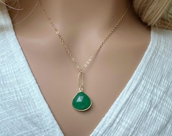 Green Onyx Pendant Necklace: Gold Filled, Bezel Set Faceted Natural Gemstone, Minimalist