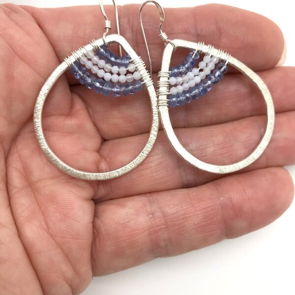 Pendientes de aro de plata esterlina envueltos en alambre de tanzanita y aguamarina genuina, aros de plata grandes, alambres de oreja de plata esterlina