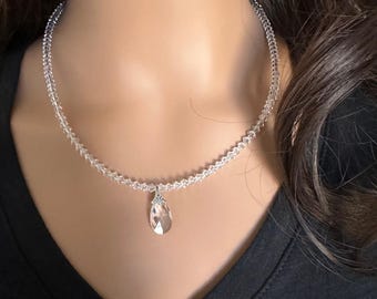 Swarovski Clear Crystal Teardrop Necklace: Sterling Silver, Beaded Necklace, Adjustable Length