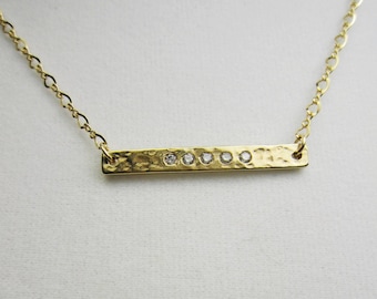Horizontal CZ Gold Bar Necklace: Hammered, Cubic Zirconia, Gold Filled, Layering
