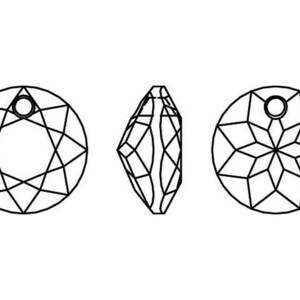 May include: A round, faceted crystal pendant with a hole at the top for hanging. The pendant has a starburst design and is shown from three different angles.