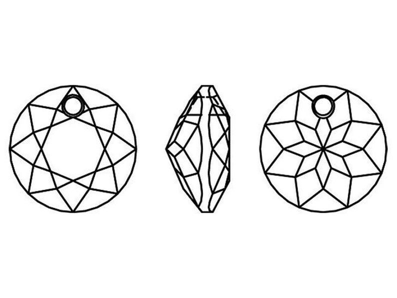 May include: A round, faceted crystal pendant with a hole at the top for hanging. The pendant has a starburst design and is shown from three different angles.