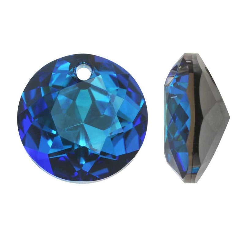 May include: A round, faceted, blue crystal pendant with a hole at the top for stringing.