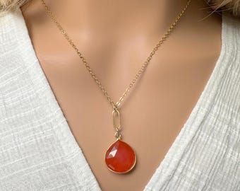 Carnelian Pendant Necklace: Gold Filled, Red Faceted Gemstone, Bezel Set, Natural Gemstone