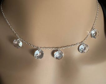 Multi Crystal Necklace:  Round Classic Cut Crystal Drops, Sterling Silver, Bridal, Special Occasion