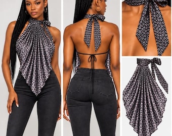 Handmade Metallic Leopard Print Pleated Halter Top | Backless Tie Neck Statement Top | One-of-a-Kind Independent Designer Fashion