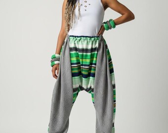 Harem Drop-Crotch Pants with Bracelets, Bohemian Style, Unisex Fit