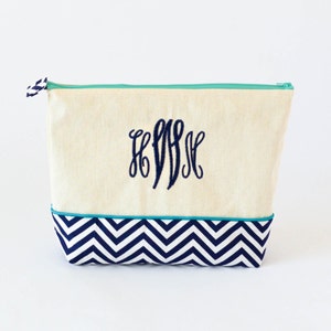 Monogrammed Cosmetics Bag – Navy Chevron and Teal, Personalized, Custom Make-up Bag, Bridesmaid Gift