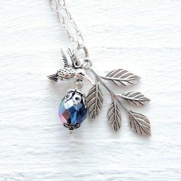 Purple Blue Hummingbird Necklace Silver Hummingbird Necklace Leaf Branch Pendant Garden Nature Inspired Gift for Her Bird Leaf Necklace