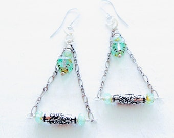 Silver Aqua Blue Trapeze Earrings Tropical Paradise Dangle Earrings Nature Inspired Handmade Gift  Boho Silver Chain and Glass Earrings