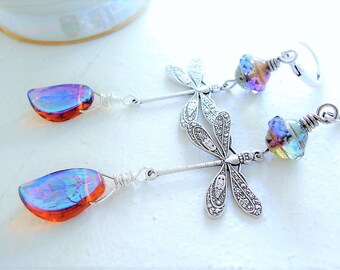 Dragonfly Dangle Earrings Mothers Day Gift Nature Gift Garden Gift for Her Silver Art Nouveau Style Earrings Czech Glass Leaf Earrings