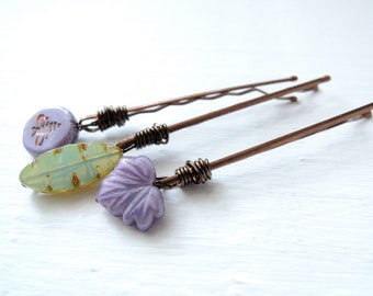 Set of Bee and Leaves Hair Pins Decorative Bobby Pins Lilac Maple Leaves Sea Green Leaves Lavender Copper Bee Quarantine Hair Help Gift