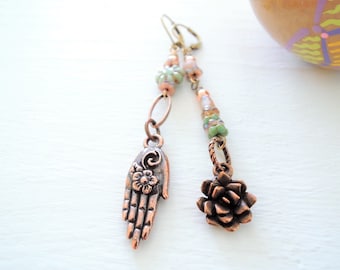 Blooming Hand Earrings Succulent Earrings Long Narrow Mismatched Garden Dangles Copper Brass Mixed Metal and Glass Blush Pink Green Dangles